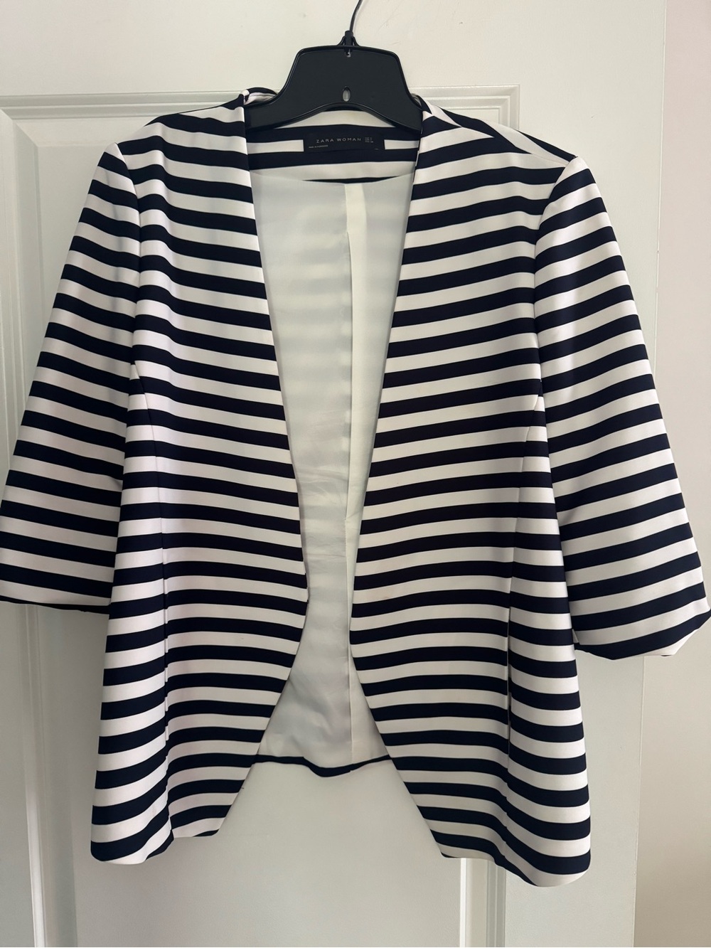 Zara Navy and White Striped Open-Front Blazer